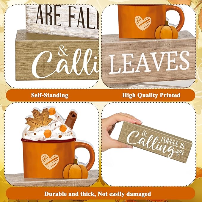 Lineshading 4 Pcs Fall Coffee Table Decorations Fall Decor for Home Thanksgiving Tiered Tray Decor Rustic Wooden Hot Cocoa Cup Pumpkin Latte Block Sign for Autumn Harvest Party Coffee Bar Kitchen