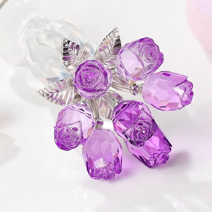 Movdyka Crystal Purple Rose Flower Figurine, Glass Roses Flower Bouquet Ornament Home Decor, Mother's Day Valentine's Christmas Wedding Romantic Gifts for Women Mom Wife Girlfriend