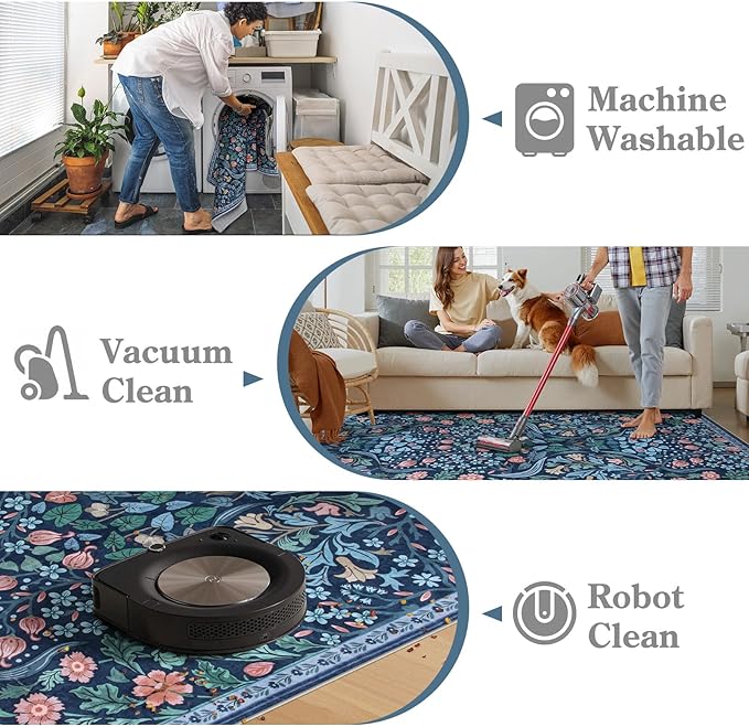 Moynesa Floral Washable Rug, Boho 5x7 Area Rugs for Living Room, Non Slip Large Dining Room Rug Under Table, Botanical Ultra Thin Floor Carpet for Bedroom Home Office, Blue