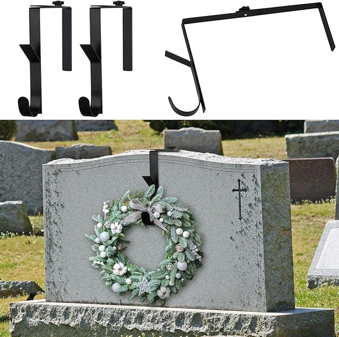 Blulu 2 Pcs Headstone Wreath Hanger Adjustable 6"- 11" Cemetery Tombstone Wreath Holder Black Stands Hook for Christmas Outdoor Grave Marker Cemetery Gravestone Flowers Decorations