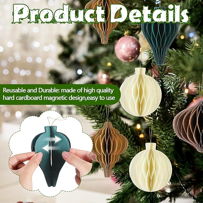Gilprop 16 Pcs Christmas Paper Honeycomb Ornaments Paper Lantern Ornament 3D Hanging Honeycomb Balls Vintage Christmas Hanging Neutral Ornaments Decorations for Christmas Tree Xmas Holiday Party Decor