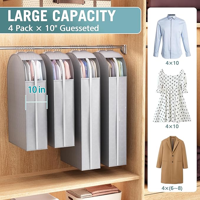 10" Gusseted Garment Bags for Hanging Clothes with Clear Window 50" Suit Bags for Open Closet Storage, Clothing Cover for Coat, Dress, Jacket, Shirt, Fur Wardrobe Protector, 4 Packs