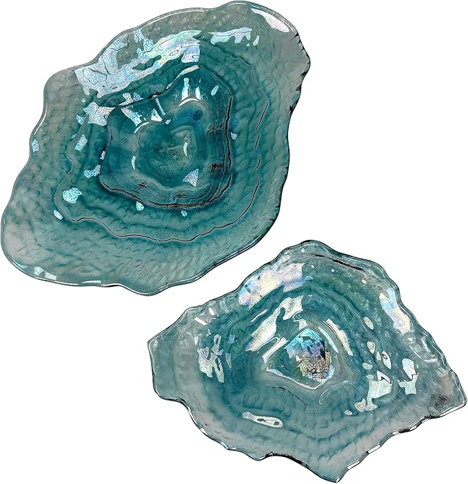 Things2Die4 Decorative Plates Set of 2 Oyster Shaped Blue Glass Plates with Iridescent Finish for Coastal Tabletop Decor in Dining Room Entryway or Living Room, 13 X 10 X 2 Inches