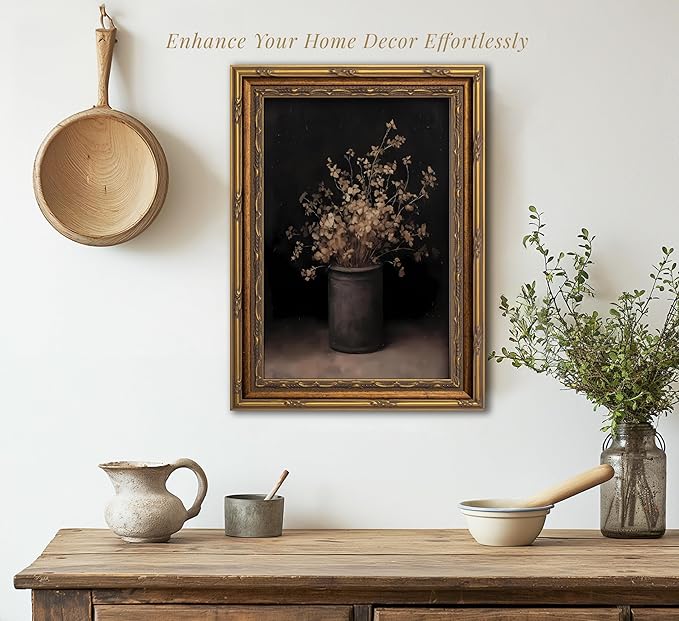 Vintage Gold Framed Wall Art Fall Dried Flowers Antique Vase Country Oil Painting Canvas Prints Dark Moody Rustic Still Life Picture Gothic Victorian Botanical Poster Artwork for Bedroom, 9x11in