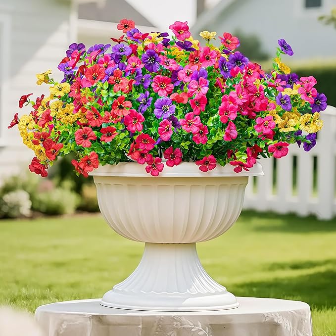Artificial Fake Flowers Plants for Outdoors Spring Summer Decor,16 Bundles Faux Flowers Plant Silk Daisy UV Resistant for Outside Planters Front Porch Patio Yard Garden Home(Red,Purple,Yellow,Fuchsia)