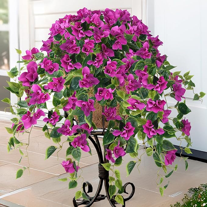 Homsunny Artificial Hanging Flowers Plants Basket for Outdoor Decoration,4 PCS Faux Silk Bougainvillea Vine Flowers Look Real UV Resistant for Outside Porch Patio Yard Garden Decor (Purple)