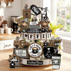 Mifoci 23 Pcs Coffee Tiered Tray Decorations Highland Cow Wooden Farmhouse Coffee Bar Accessories Signs Mugs & Rustic Highland Cow for Kitchen Table Centerpiece