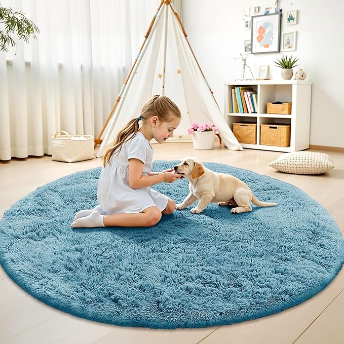OLANLY Slate Blue Round Rugs for Bedroom - Machine Washable, 6 ft Circle Area Rugs for Living Room, Soft and Fluffy Shaggy Carpet for Teen Girl and Boys, Nursery Rooms, Dorms, Home Decor Aesthetic