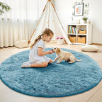 OLANLY Slate Blue Round Rugs for Bedroom - Machine Washable, 4 ft Circle Area Rugs for Living Room, Soft and Fluffy Shaggy Carpet for Teen Girl and Boys, Nursery Rooms, Dorms, Home Decor Aesthetic
