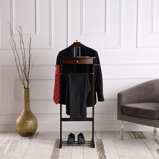 Proman Products Kingston III Valet Stand with Drawer, Contour Hanger, Trouser Bar, Tie & Belt Hooks and Shoe Rack - VL36260