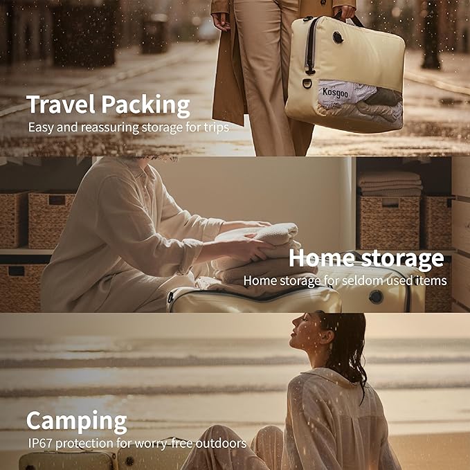 Vacuum Compression Bags for Travel with Pump 180° Open Vacuum Seal Bags for Carry-on Luggage Home Storage, IP67 Waterproof Space Saver Storage Bag (1 Large Pack + Pump Beige)