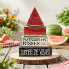 Lineshading 4 Pcs Summer Table Decor Wooden Watermelon Tiered Tray Decor Rustic Farmhouse Watermelon Block Signs Gifts Summer Tabletop Centerpieces for Home Kitchen Coffee Bar Decorations