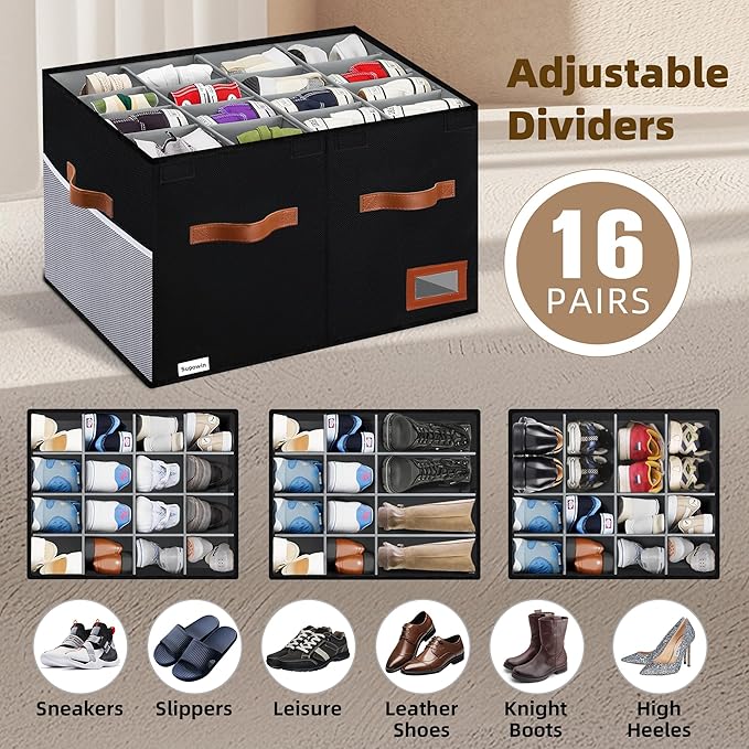 Shoe Organizer for Closet, Foldable Shoe Storage Bins with Lid & Adjustable Dividers, Fabric Shoe Box Storage Containers with Four Reinforced Handles, Fits 16 Pairs, 1 Pack, Black