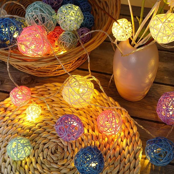 Patelai 36 Pcs Wicker Rattan Balls Decorative Balls for Vase Centerpiece Bowls Orbs Filler for Home Decor,4 Sizes(White, Pink, Green, Grey, Blue,2.4'',2'',1.6'',1.2'')