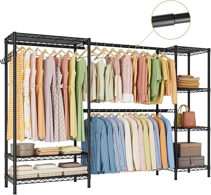 Heavy Duty Garment Rack Clothes Rack,Large Metal Closet Organizer System Storage Wardrobe,Freestanding Clothing Rack with 7 Adjustable Wire Shelves&3 Hang Rods,MaxLoad 1500lbs