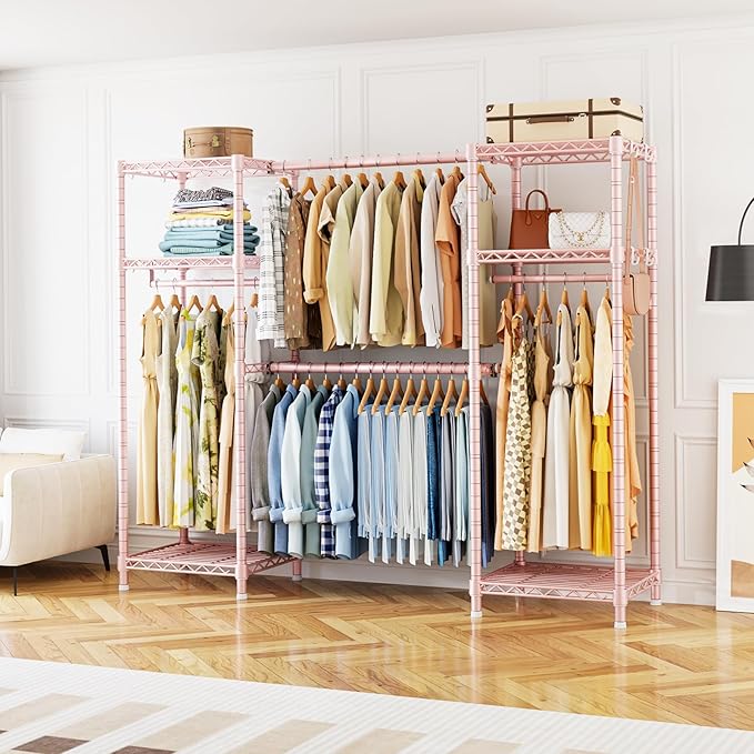 Ulif E7 Garment Rack, Heavy Duty Clothes Storage System with Extendable Hangers Rods, Metal Clothing Rack with 6 Wire Shelves, (52.3"-72") W x 14.5" D x 71.2" H, Load 838lbs, Pink