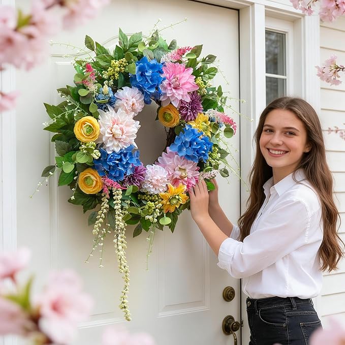 Spring and Summer Wreaths for Front Door 24 Inch Summer Wreath with Vibrant Dahlia, Gerbera Daisy & Primula Floral Arrangement - All Seasons Summer & Spring Door Wreath for Outside Decor