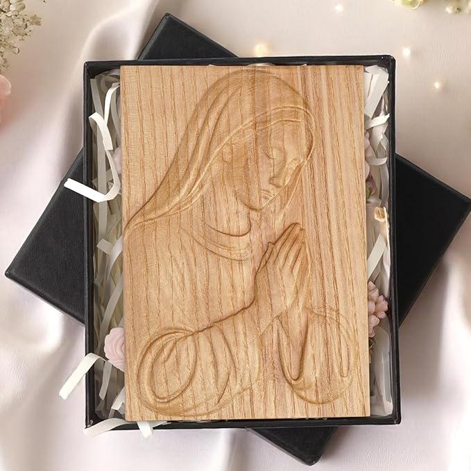KATINAT Virgin Mary Wooden Plaque with Stand & Gift Box – Solid Wood Relief, Wall or Desk Catholic Home Altar & Prayer Corner Décor, Christian Christmas/Baptism/First Communion/Confirmation Gift