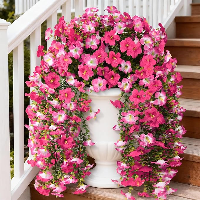 Artificial Fake Hanging Flowers Plants for Outdoor Spring Decoration,2 PCS Faux Silk Morning Glory with Eucalyptus Leaves,UV Resistant Realistic Trailing Vines for Balcony Porch Patio Yard Garden