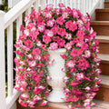 Artificial Fake Hanging Flowers Plants for Outdoor Spring Decoration,2 PCS Faux Silk Morning Glory with Eucalyptus Leaves,UV Resistant Realistic Trailing Vines for Balcony Porch Patio Yard Garden