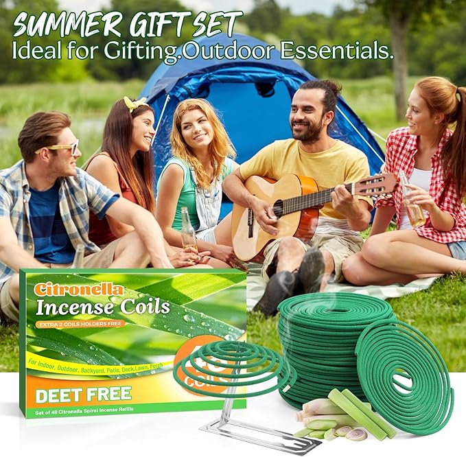 SCENTORINI Citronella Coils, 48 PCS Citronella Incense with Coil Holder, Suitable for Summer Home Outdoor Use, Pool Side, Patio, Camping, Porches, Courtyards, Farms, Garden Planting Area