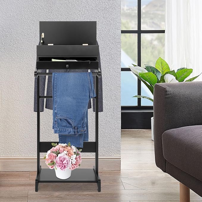 Bathrena Suit Valet Stand for Bedroom, Hotel Valet Clothes Rack Organizer with Hanger & Shoe Rack, Wooden Garment Valet Stand for Suits, Pants, Ties, Belts, Black.