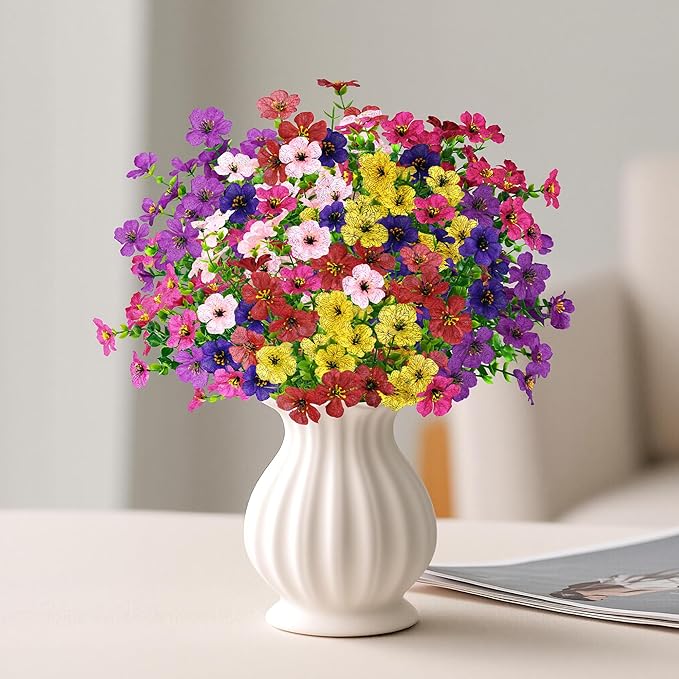Artificial Faux Flowers Plants for Outdoors Outside Spring Summer Decoration,12 Bundles Silk Daisy Realistic Fake Flowers Plant Greenery UV Resistant for Planters Porch Patio Garden Home(6 Multicolor)