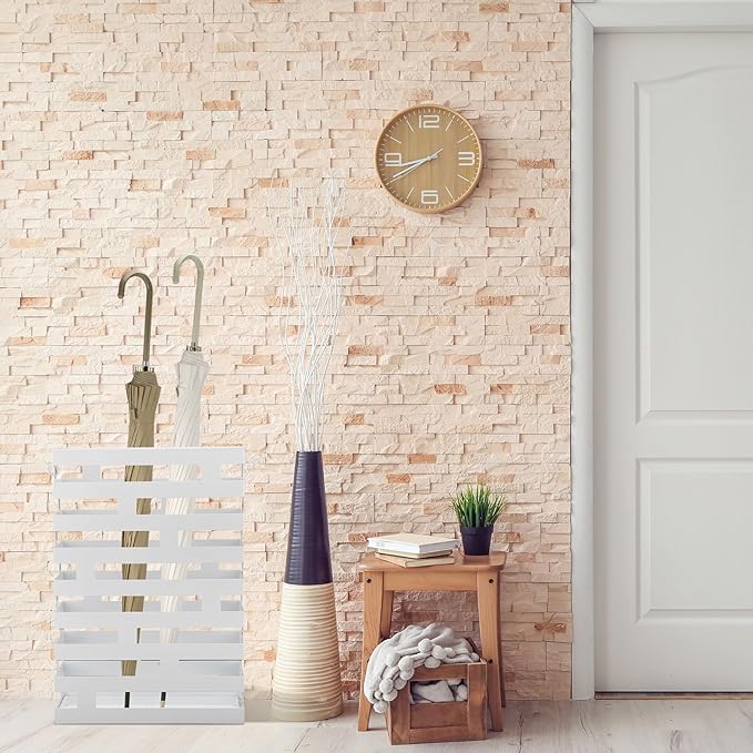 Umbrella Stands for Entryway Large Metal Umbrella Holder with Removable Water Tray and Hooks Decor Freestanding Rectangular Umbrella Hollow Rack for Home Office (White, 3.94 x 11.81 x 16.93 Inch)