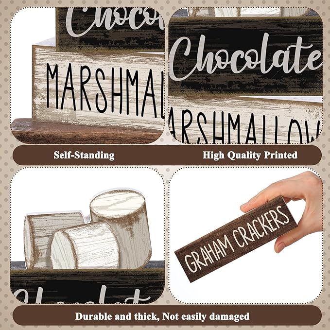 Moucuny 4 Pcs Christmas Table Decoration Wooden Marshmallow Chocolate Christmas Tiered Tray Decor Xmas Centerpiece Decorative Hot Cocoa Marshmallow Block Signs Gift Winter Decoration for Home Kitchen