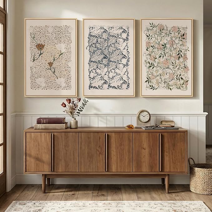 Large Framed William Morris Wall Art Set of 3, Vintage Neutral Botanical Floral Canvas Prints, Boho Nature Wall Decor for Living Room Bedroom Hallway Office, 24x36 Inch