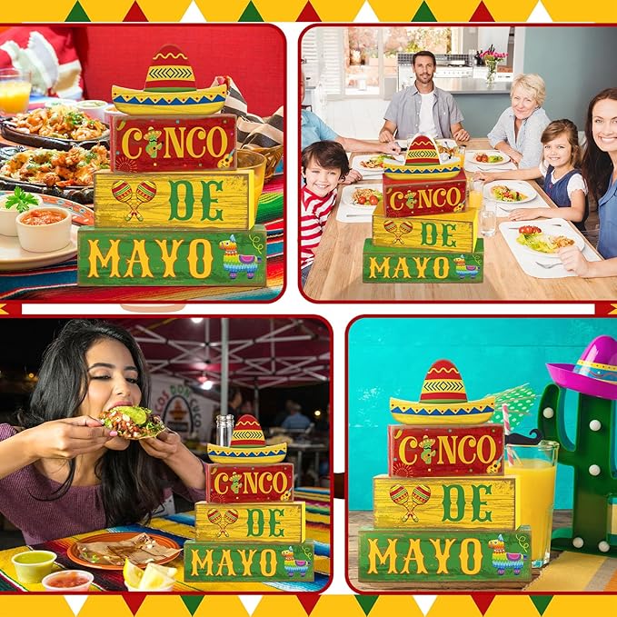 Yuntau 4 Pcs Cinco De Mayo Decorations Wooden Mexican Table Farmhouse Cinco De Mayo Tiered Tray Decor Fiesta Stacked Blocks Tabletop Decorative Book Mexican Centerpieces for Carnival Shelf Home