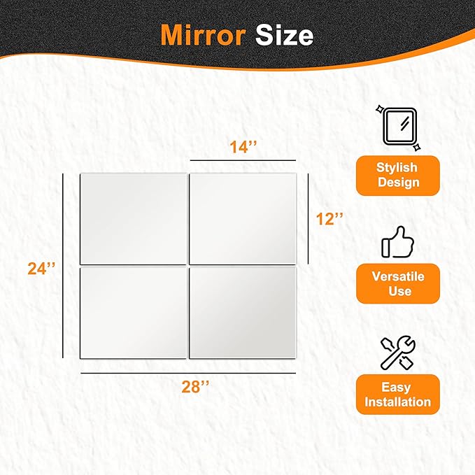 Delma Glass Full Length Wall Mirror Tiles, 14'' x 12'' 4PCS, Frameless Body Tiles for Bedroom, Mounted Home Gym, Door