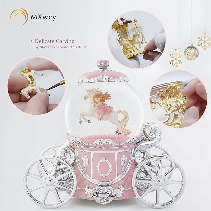 Unicorn Snow Globe Music Box, 7" Pink Light Up Musical Snow Globe for Girls, Christmas Snow Globes for Mom Grandma Wife Women, Princess Carriage Birthday Valentines Gifts Home Decor