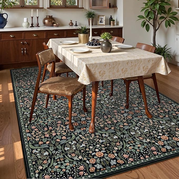 Moynesa Floral Washable 10x14 Rug, Boho Extra Large Living Room Area Rug, Botanical Dining Room Rugs for Under Table, Non Slip Ultra Thin Floor Carpet for Home Office Farmhouse, Black