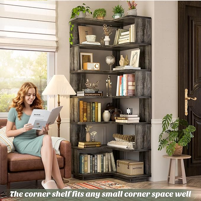 Armocity Corner Book Shelf - 7 Tier Corner Bookshelf Etagere Bookcase with Baffle, Freestanding L Shaped Display Shelf Stand for Home Office, Living Room, Bedroom, Kitchen, Grey Oak