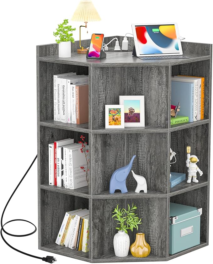 Aheaplus Corner Cabinet, Corner Storage with USB Ports and Outlets, Corner Cube Toy Storage for Small Space, Wooden Cubby Bookshelf with 9 Cubes for Playroom, Bedroom, Living Room, Grey Oak