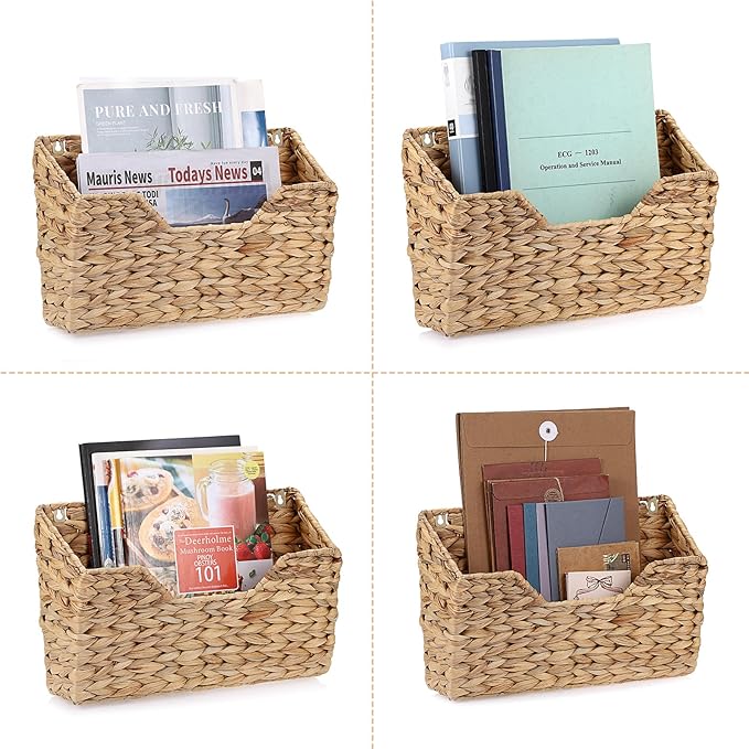 BTSKY Woven Hanging Magazine Holder, Water Hyacinth Magazine Basket, Wall Mounted Storage Basket for Books & Files, Wall File Organizer Magazine Rack with Handle for Home & Office - 13.2x2.8x8.9 Inch