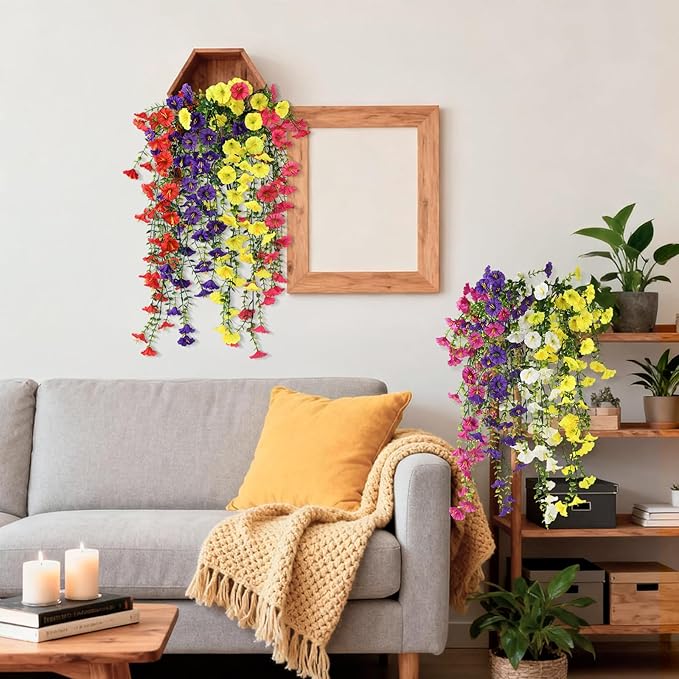 Homsunny Artificial Fake Hanging Flowers Plants Baskets for Outdoor Spring Decoration, Faux Morning Glory Silk Flower for Outside Realise UV Resistant Patio Yard Porch Balcony Home Decor (Mixed 1)