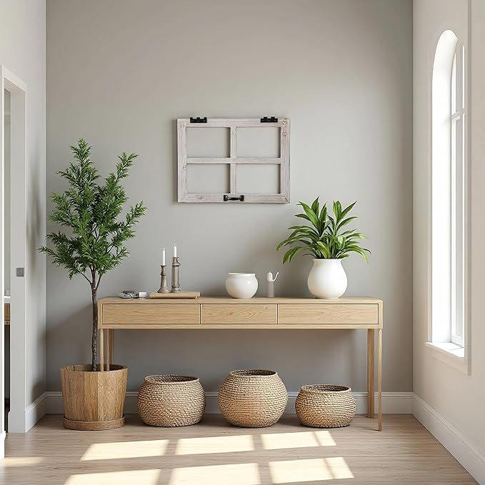 Sintosin Small Rustic Window Frame Wall Decor 12 X 16 Inch, Hanging Handmade Washed White Wooden Farmhouse Faux Window Wall Decor for Living Room Bedroom Entryway Hallway, Horizontal or Vertical