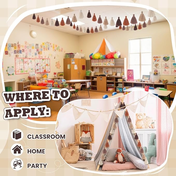 WILLBOND 4 Pieces Valentine's Day Tassel Garland for Classroom Wall Decor Boho Pastel Garland Cotton Tassel Banners for Party School(3.1 Inch,Brown Colors)