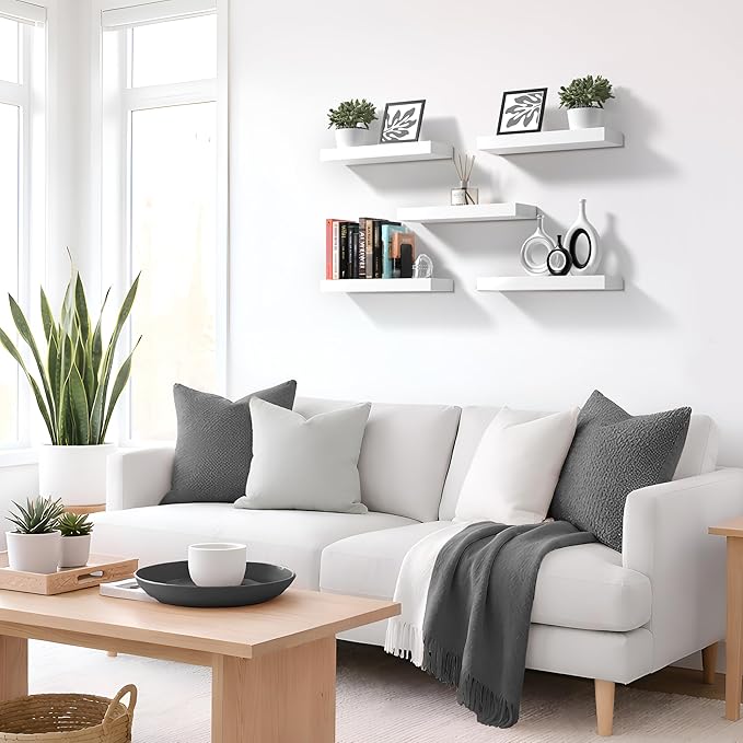 Sorbus Floating Shelves for Wall – 16 Inch Floating Shelf for Kitchen, Bedroom, Living Room, Bathroom, Home & Wall Decor - Mounted Bathroom Shelves with Invisible Brackets (White, 4 Pack)