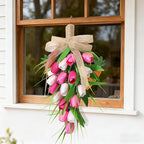 Spring Swags Ideal for Front Door Artifical Tulips Teardrop Swag with Burlap Bow Hanging Decorative Easter Wreath Ideal for Porch Wall Mother's Day 8.7x15.8 inch