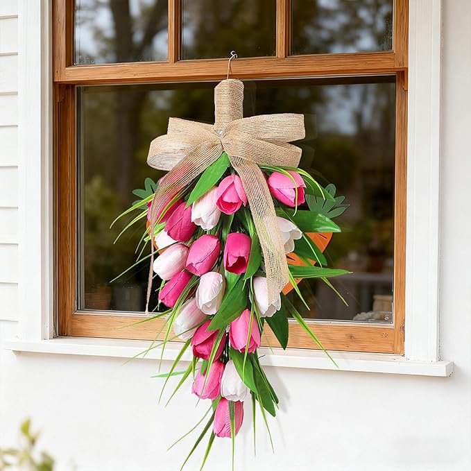 Spring Swags Ideal for Front Door Artifical Tulips Teardrop Swag with Burlap Bow Hanging Decorative Easter Wreath Ideal for Porch Wall Mother's Day 8.7x15.8 inch
