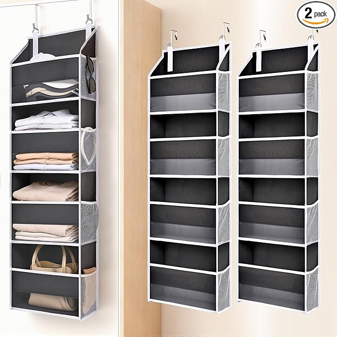 ULG 2 Pack Small Over Door Organizer with 4 Large Pockets 8 Mesh Side Pockets, Hanging Storage Organizer with Clear Window Kids Toys Deep Gray