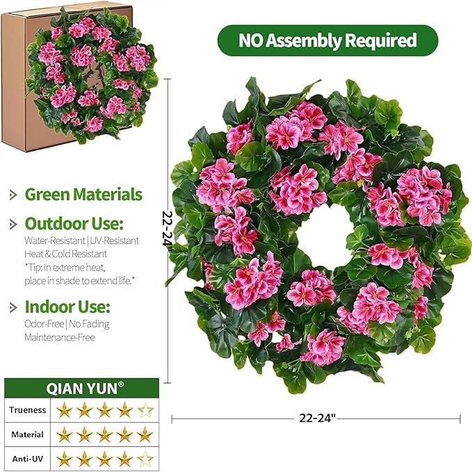 Spring Pink Wreath 24” – Floral Decor with Geranium Flowers for Front Door, Entry, Porch Display, Easter, Thanksgiving, Christmas