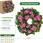 Spring Pink Wreath 24” – Floral Decor with Geranium Flowers for Front Door, Entry, Porch Display, Easter, Thanksgiving, Christmas