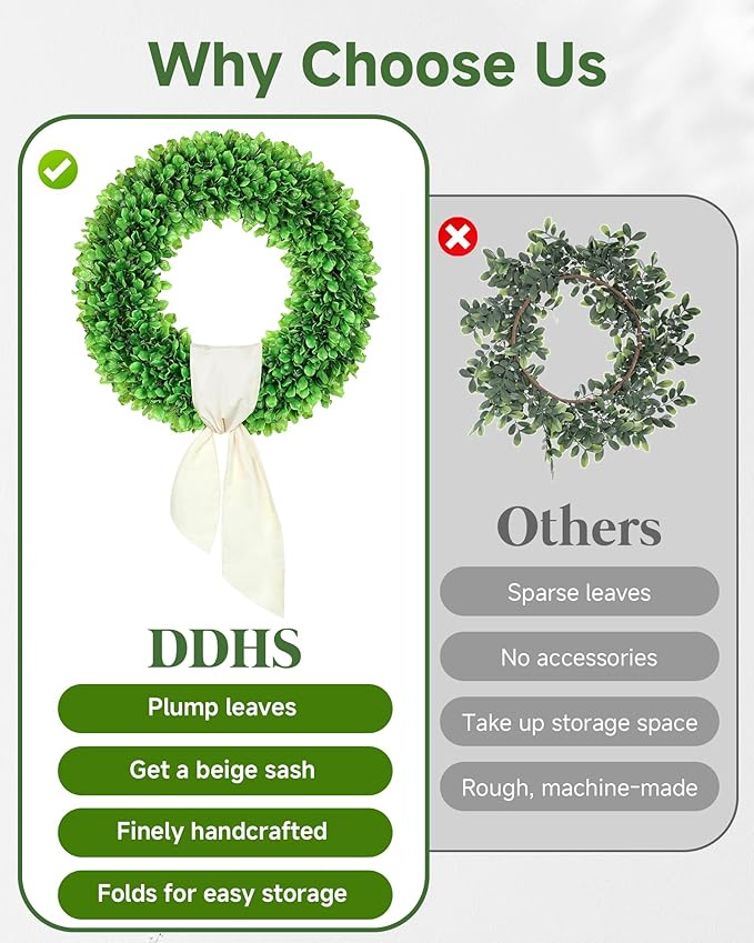 DDHS 23 Inch Large Boxwood Wreath for Front Door, Round Artificial Spring Summer Greenery Wreath with Hello Sign & Sash, Green Wreaths for Farmhouse Wedding Year Round Indoor Outdoor Home Decor