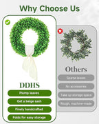DDHS 23 Inch Large Boxwood Wreath for Front Door, Round Artificial Spring Summer Greenery Wreath with Hello Sign & Sash, Green Wreaths for Farmhouse Wedding Year Round Indoor Outdoor Home Decor