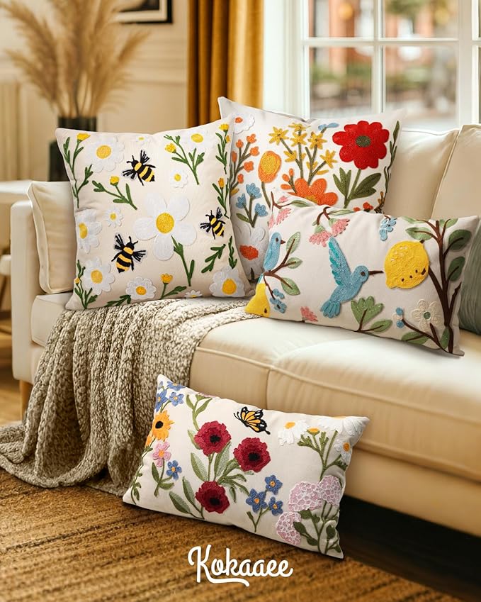 Embroidered Throw Pillow Cover 20x20 Inch - Spring Summer Boho Decorative Pillow Cover with Zipper for Living Room Couch Sofa Bed Aesthetic Design Flower Bee Cushion Pillowcase