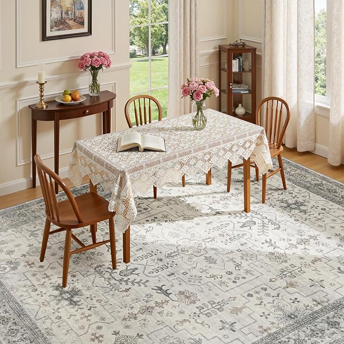 Lessymo Washable Rugs for Living Room, 9x12 Large Area Rug for Bedroom Dining Home Office, Soft Non-Slip Vintage Geometric Oushak Carpet, Boho Neutral Farmhouse Decor, Taupe Grey